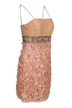 Sue Wong - Pale Pink Sheath Dress w/ Floral Appliques & Beaded Waist Sz 10