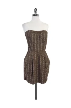 Sunner - Brown & Beige Floral Print Strapless Dress Sz 8