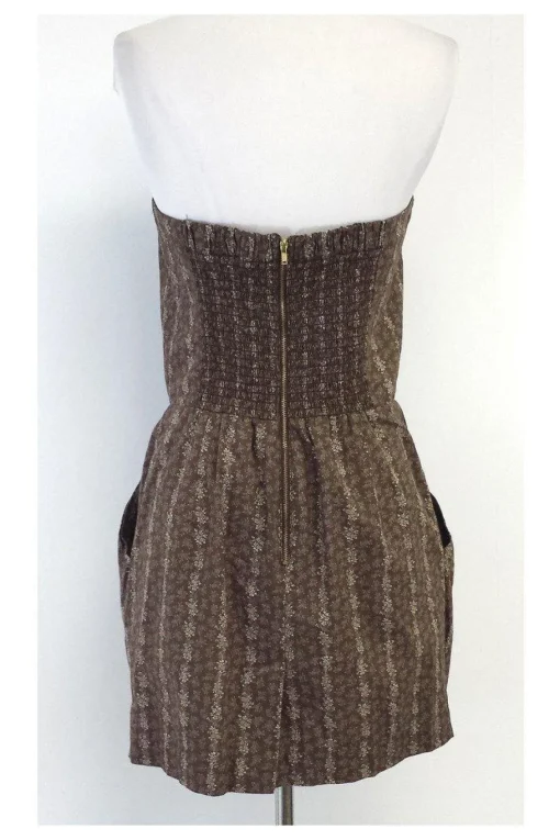 Sunner - Brown & Beige Floral Print Strapless Dress Sz 8