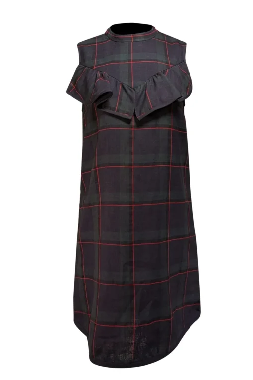 Suno - Navy, Green, & Red Plaid Sleeveless Ruffle Trim Dress Sz 8