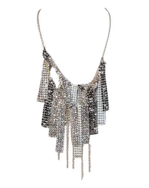 Swarovski - Silver, White, & Gunmetal Fringe Layered Necklace