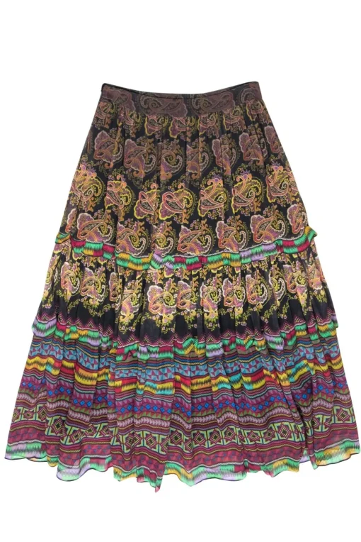 Tanvi Kedia for Anthropologie - Black & Multicolor Paisley Print Tiered Skirt w/ Beading & Sequins Sz 4