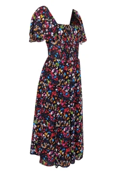 Tanya Taylor - Black w/ Rainbow Confetti Print Silk Midi Dress Sz S