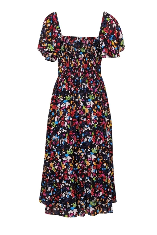 Tanya Taylor - Black w/ Rainbow Confetti Print Silk Midi Dress Sz S