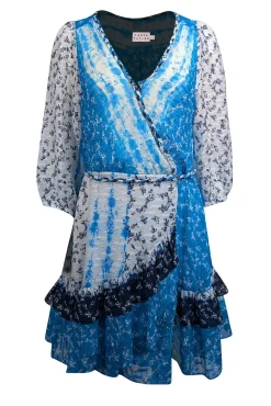 Tanya Taylor - Blue, White, & Navy Tie Dye Floral Print Silk Blend Dress Sz 8