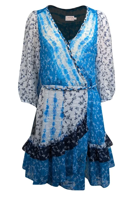 Tanya Taylor - Blue, White, & Navy Tie Dye Floral Print Silk Blend Dress Sz 8