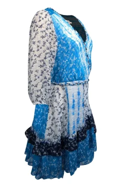Tanya Taylor - Blue, White, & Navy Tie Dye Floral Print Silk Blend Dress Sz 8