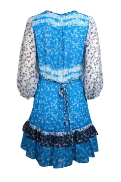 Tanya Taylor - Blue, White, & Navy Tie Dye Floral Print Silk Blend Dress Sz 8