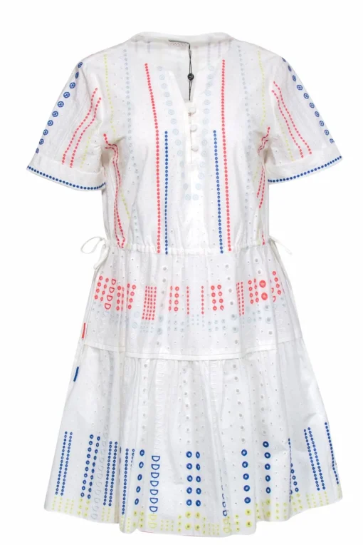Tanya Taylor - White Cotton Eyelet Dress w/ Colorful Embroidery Detail Sz 6