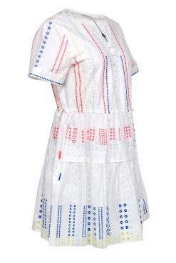 Tanya Taylor - White Cotton Eyelet Dress w/ Colorful Embroidery Detail Sz 6