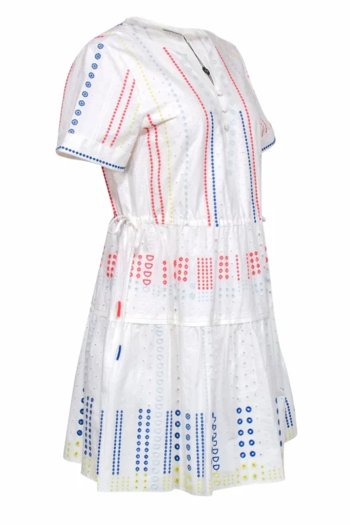 Tanya Taylor - White Cotton Eyelet Dress w/ Colorful Embroidery Detail Sz 6