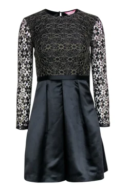 Ted Baker - Black & Gold Floral Lace Long Sleeve Fit & Flare Dress Sz 0
