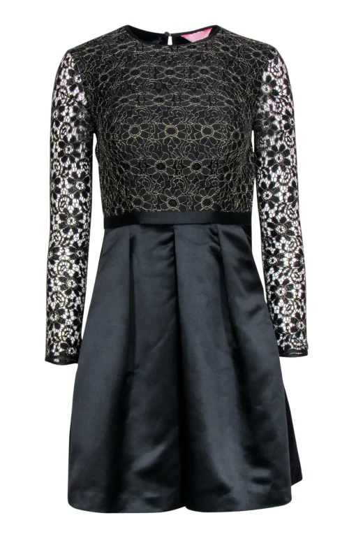 Ted Baker - Black & Gold Floral Lace Long Sleeve Fit & Flare Dress Sz 0