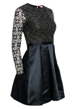 Ted Baker - Black & Gold Floral Lace Long Sleeve Fit & Flare Dress Sz 0