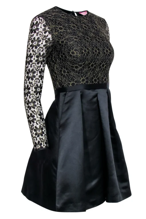Ted Baker - Black & Gold Floral Lace Long Sleeve Fit & Flare Dress Sz 0