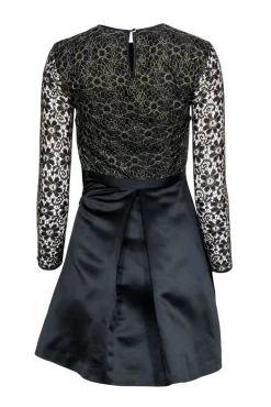 Ted Baker - Black & Gold Floral Lace Long Sleeve Fit & Flare Dress Sz 0