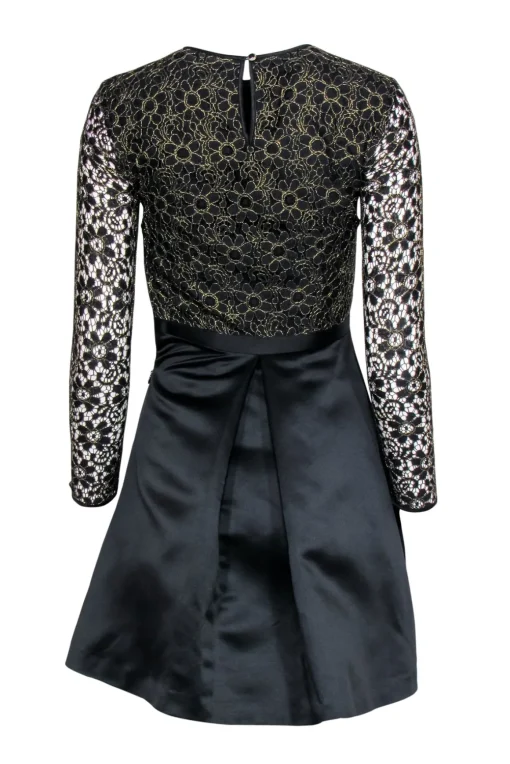 Ted Baker - Black & Gold Floral Lace Long Sleeve Fit & Flare Dress Sz 0