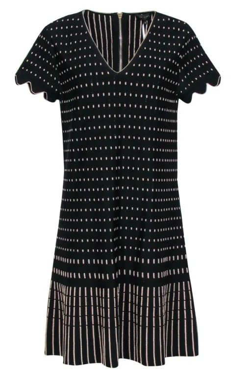 Ted Baker - Black & Gold Patterned Short Sleeve Knit Dress Sz 10
