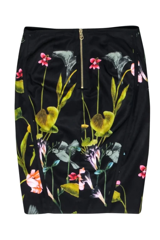 Ted Baker - Black & Multi Color Floral Hummingbird Print Pencil Skirt Sz 4