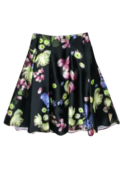 Ted Baker - Black Digital Floral Print Pleated Midi Skirt Sz 4