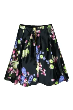 Ted Baker - Black Digital Floral Print Pleated Midi Skirt Sz 4