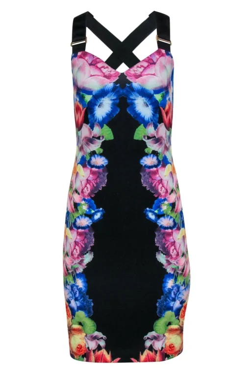 Ted Baker - Black Fitted Floral Cocktail Dress w/ Exposed Zipper Sz 6