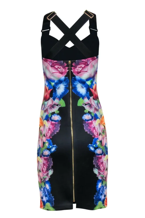 Ted Baker - Black Fitted Floral Cocktail Dress w/ Exposed Zipper Sz 6