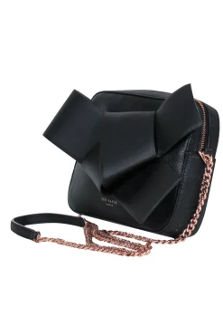 Ted Baker - Black Pebbled Leather Rose Gold Chain Crossbody w/ Bow Detail