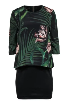 Ted Baker - Black Sheath Dress w/ Tropical Print Top Sz 6