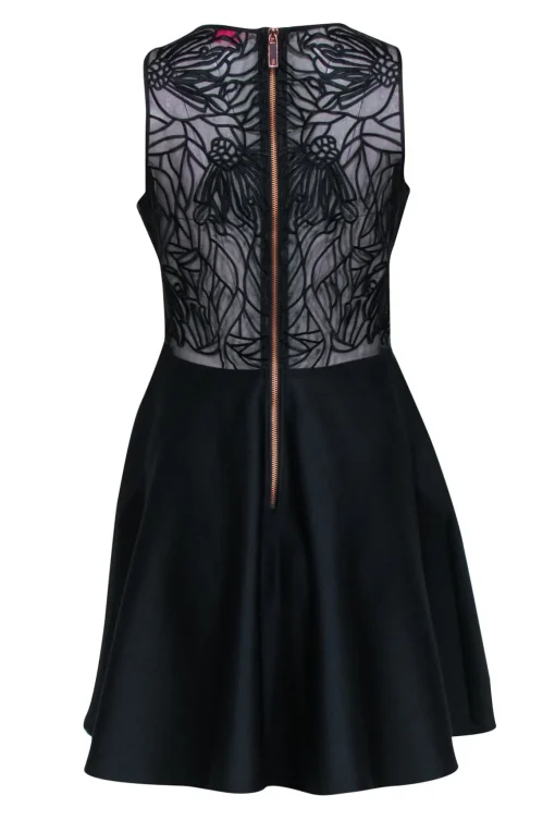 Ted Baker - Black Sleeveless Fit & Flare Dress w/ Embroidered Mesh Detail Sz 6