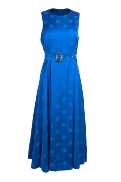 Ted Baker - Blue Polka Dot Satin Jacquard Belted Midi Dress Sz 10