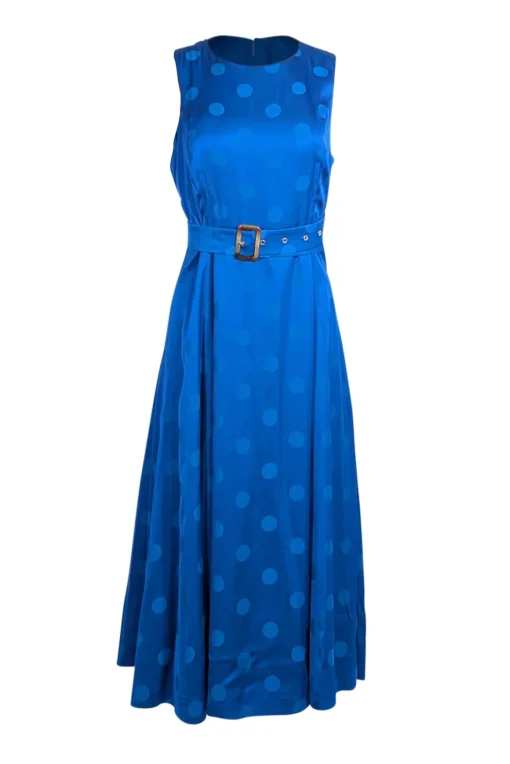 Ted Baker - Blue Polka Dot Satin Jacquard Belted Midi Dress Sz 10