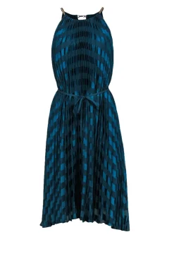 Ted Baker - Emerald Green Pleated Satin Striped Maxi Dress w/ Chain Straps Sz 12