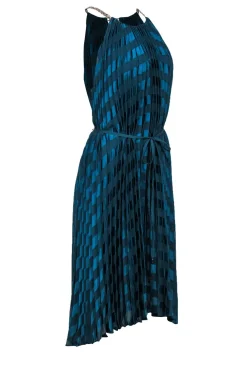 Ted Baker - Emerald Green Pleated Satin Striped Maxi Dress w/ Chain Straps Sz 12