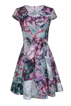 Ted Baker - Green & Purple Floral Print Fit & Flare Dress Sz 8