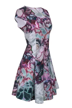 Ted Baker - Green & Purple Floral Print Fit & Flare Dress Sz 8