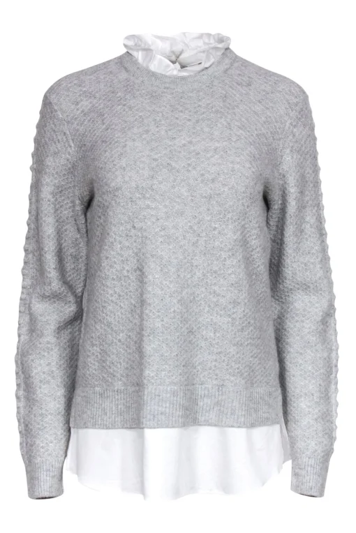 Ted Baker - Grey Textured Knit Sweater w/ Ruffled Shirt Underlay Sz 6