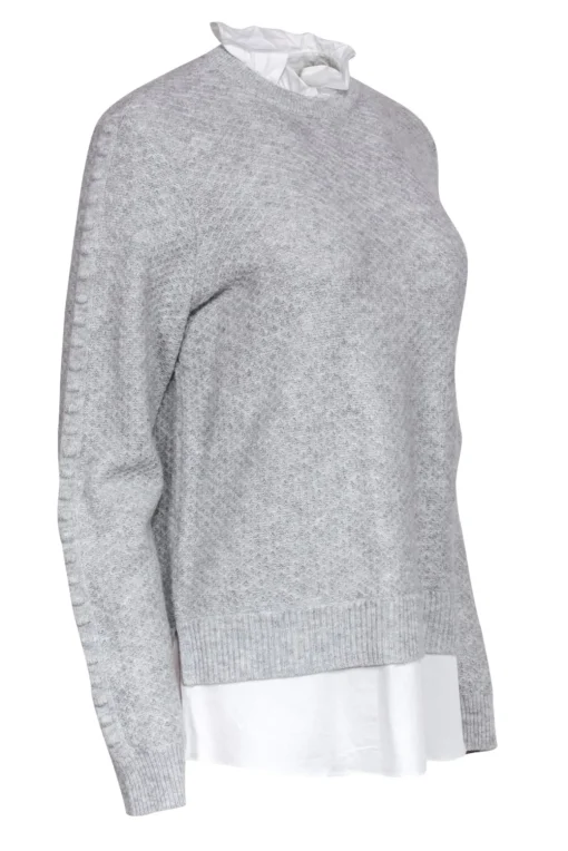 Ted Baker - Grey Textured Knit Sweater w/ Ruffled Shirt Underlay Sz 6