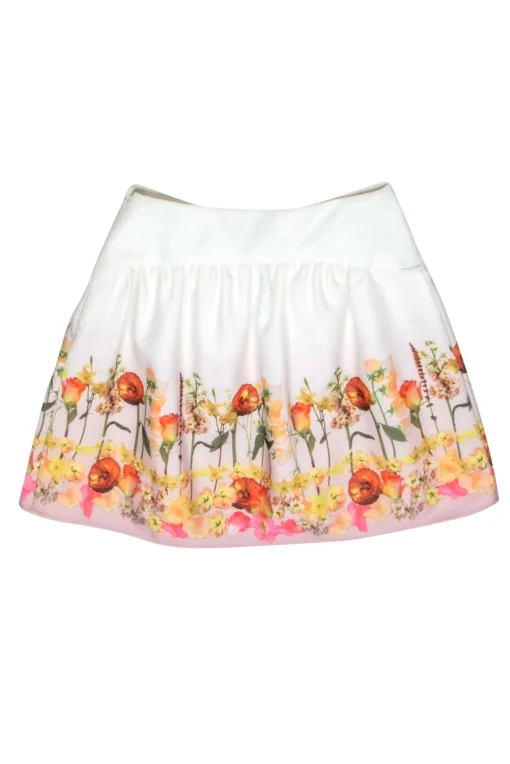 Ted Baker - Ivory & Floral Print Mini Skirt w/ Bow Sz 4