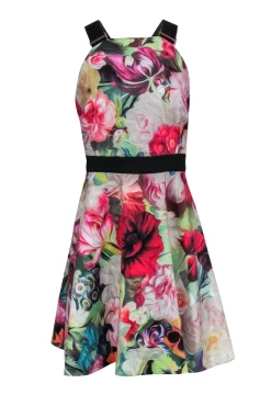 Ted Baker - Marbled Floral Print A-Line Dress w/ Buckles Sz 10