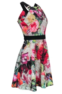 Ted Baker - Marbled Floral Print A-Line Dress w/ Buckles Sz 10