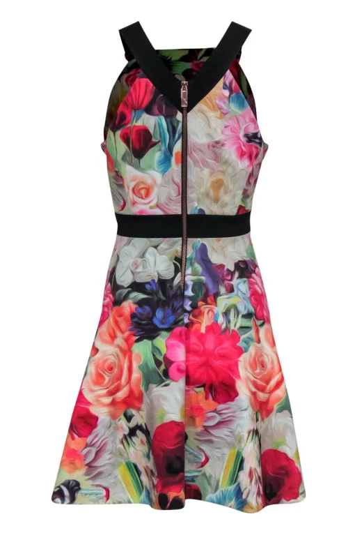 Ted Baker - Marbled Floral Print A-Line Dress w/ Buckles Sz 10