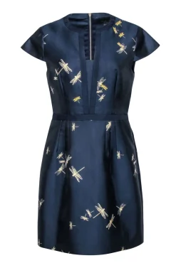 Ted Baker - Navy & Gold Dragonfly Jacquard Dress Sz 8