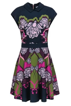Ted Baker - Navy & Multicolor Abstract Floral Print Fit & Flare Dress Sz 10