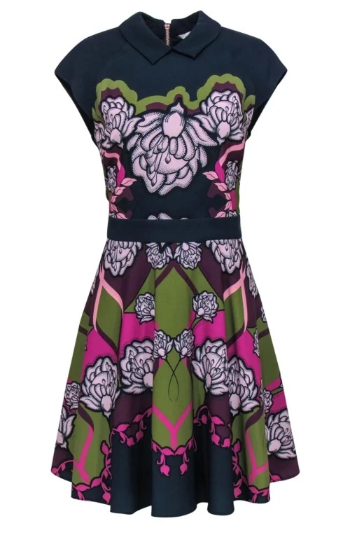Ted Baker - Navy & Multicolor Abstract Floral Print Fit & Flare Dress Sz 10