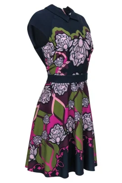 Ted Baker - Navy & Multicolor Abstract Floral Print Fit & Flare Dress Sz 10