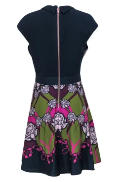Ted Baker - Navy & Multicolor Abstract Floral Print Fit & Flare Dress Sz 10