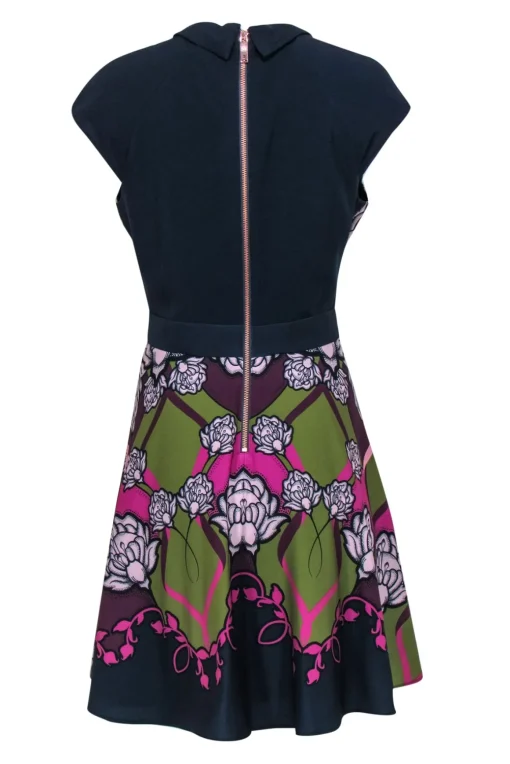 Ted Baker - Navy & Multicolor Abstract Floral Print Fit & Flare Dress Sz 10