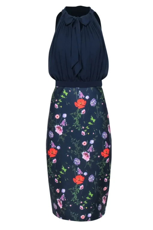 Ted Baker - Navy Pleated Bodice w/ Floral Skirt Dress Sz 10
