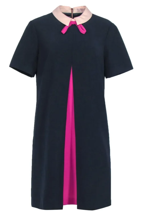 Ted Baker - Navy Pleated Front Collar Dress Sz 10